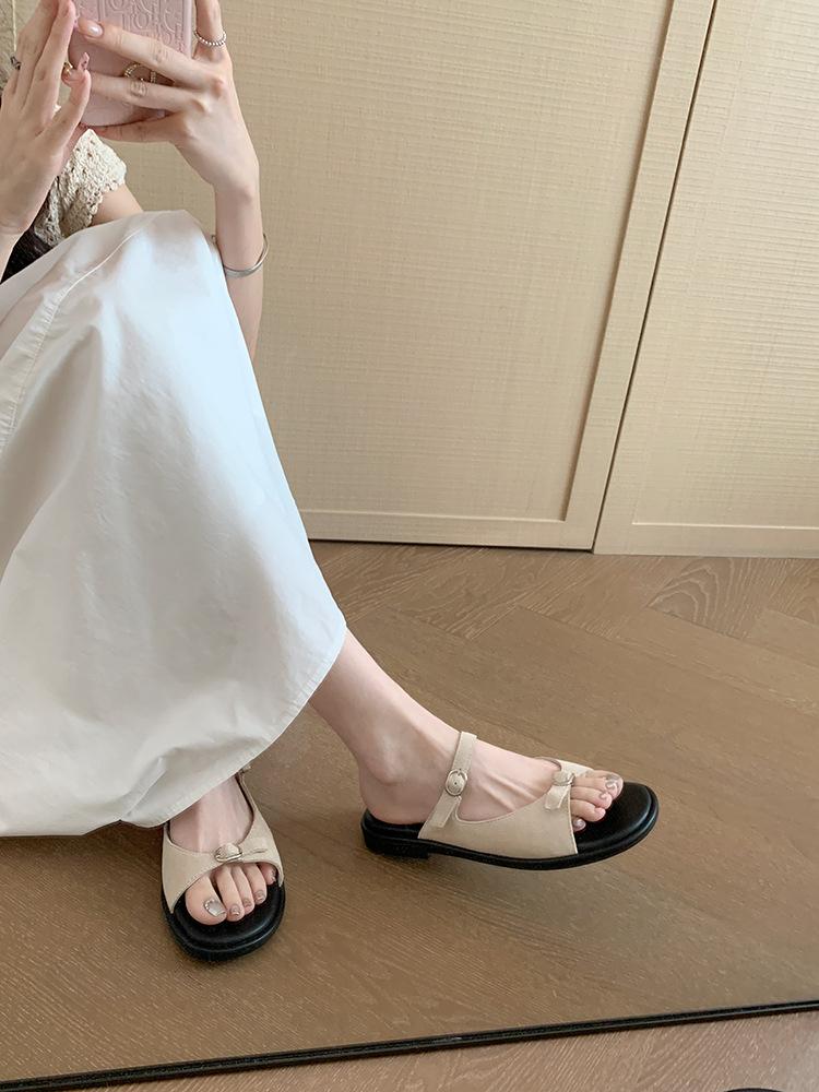 

[] Small buckle drag~ DU home design holiday casual flat-bottomed slippers women s sandals outside summer wear 40 бежевый