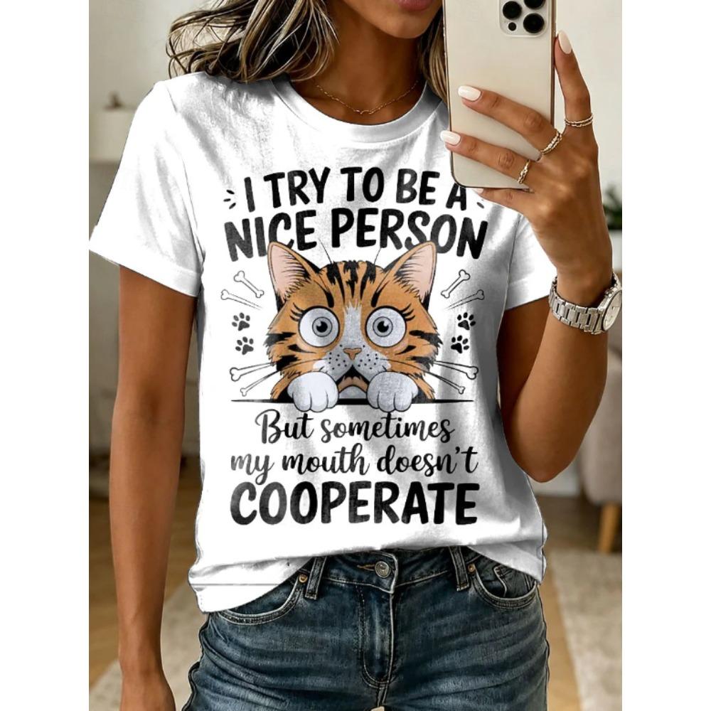 Fashion Women Retro Creative Cat Pattern Print T Shirt Funny Casual O-neck Short Sleeves T-shirt Summer Female Tee Shirt Halloween Limited Edition