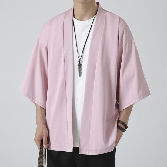 Men Shirt Kimono Japanese Style Solid Color Samurai Costume Asian Clothes Three Quarter Cardigan Men Shirt Jacket
