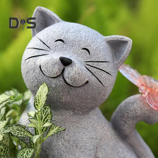 Solar Garden Blomsterpotte Kattestatue med LED-sommerfugl Vanntett Plantekrukke Kattunge Resin Figur Skulptur Utendørs veranda Hage Plendekorasjon