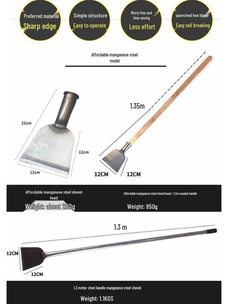 Kompakte Manganstahlschaufel: Schmale Klinge, Verlängerter Holzgriff, Scharfer Flachkopf – Ideal für Eis, Schnee, Zement und Wandreinigung.