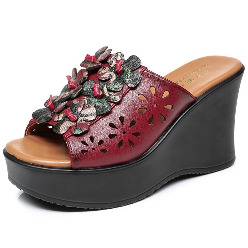Fashion GKTINOO Summer Woman Shoes Platform Slippers Wedge Genuine Leather Women High Heel Slippers For Women Retro Sandals Female Shoes