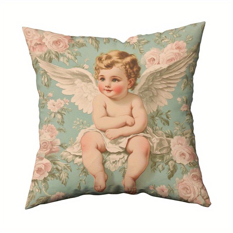 1pc Pillow Cover, Vintage Angel with Wings and Rosy Cheeks, 18x18 Inches/45x45cm, Short Plush Decorative Pillow Cover, Soft and Smooth Polyester Short