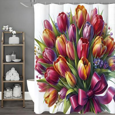 Cortina de Ducha Ramo de Tulipanes, Cortina de Ducha Decorativa para Baño, Cortina de Ducha Impermeable con Ganchos