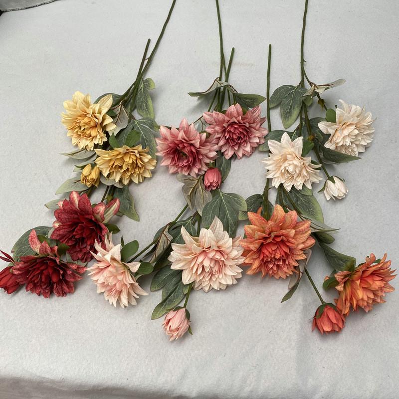 Artificial 3 Head Dahlia Chrysanthemum Bouquet For Wedding Floral Home Decor