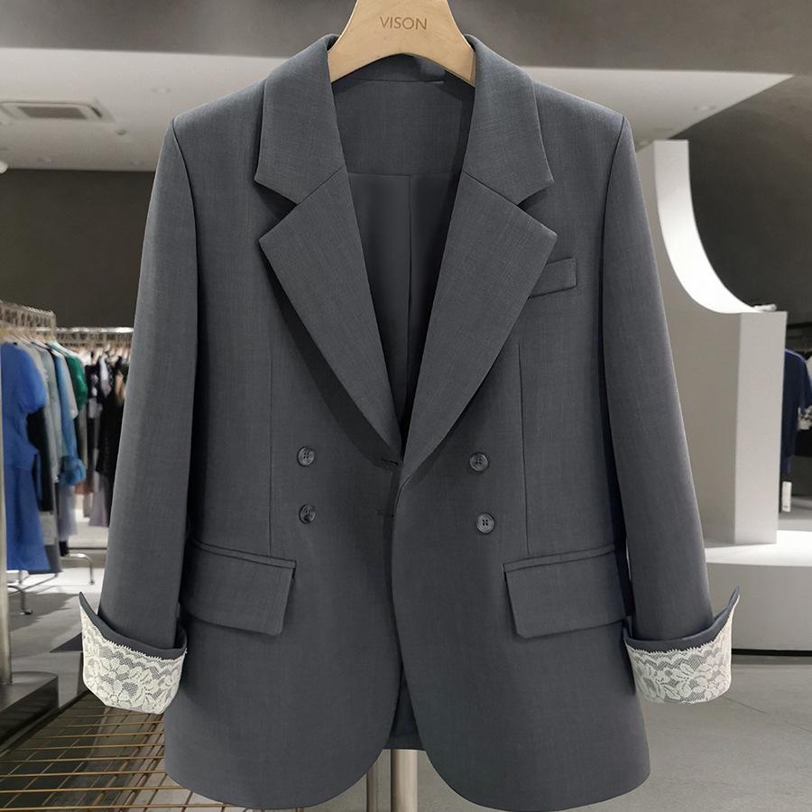 Veste de tailleur grise pour femme de haute qualité avec manchette en dentelle, Printemps/Automne 2025, Style Célébrité Internet