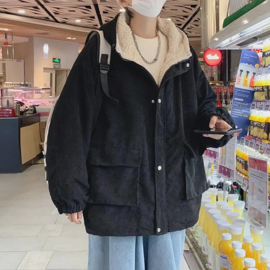Lös herrjacka i plyschkord sammet - Tjock vinterkappa i lammsull, Koreansk stil ungdomstrend
