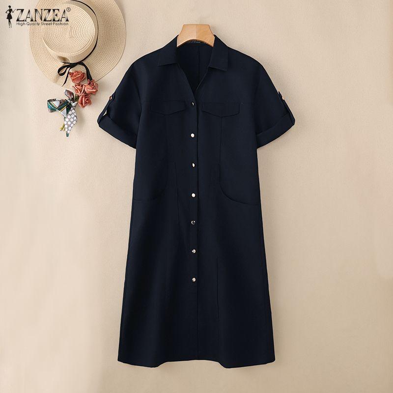 ZANZEA Damen Freizeit Umlegekragen Locker Halbarm Hemdkleid