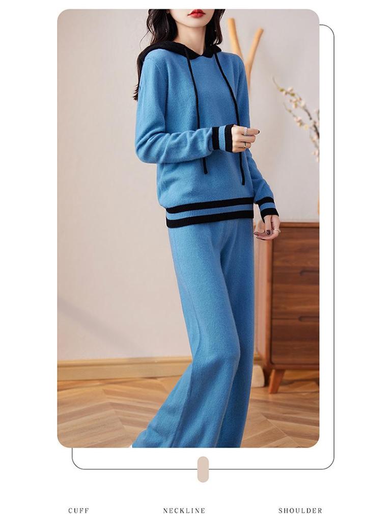 Women's Casual Color Block Hooded Wool Knit Sweatshirt & Long Pants Set - New Autumn Slimming Versatile Two-Piece
