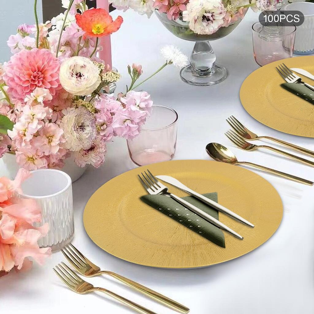100 Pieces Round Charger Plates Set, Elegant Gold Charger Plates for Wedding Birthday Party Dinner Banquet Event Table Decor
