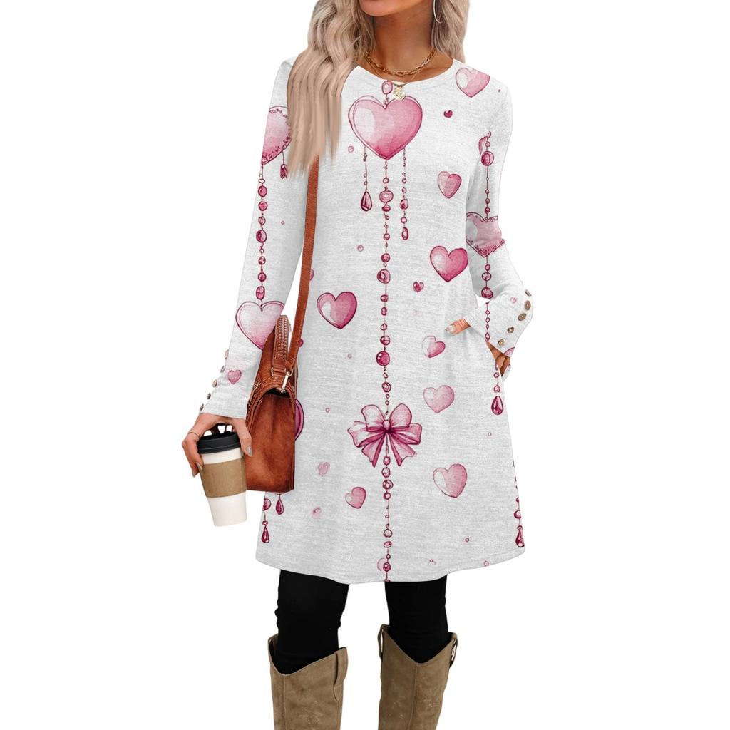 Women's Fashion Casual Pocket Decorative Button Dress Round Neck Long Sleeve Printed Dress