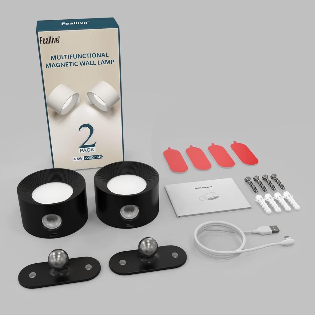 Feallive LED Bracket Light (2-Pack) with 3-Level Dimming and Color Temperature Adjustment, 360° Adjustment, Cordless, No Installation Required,