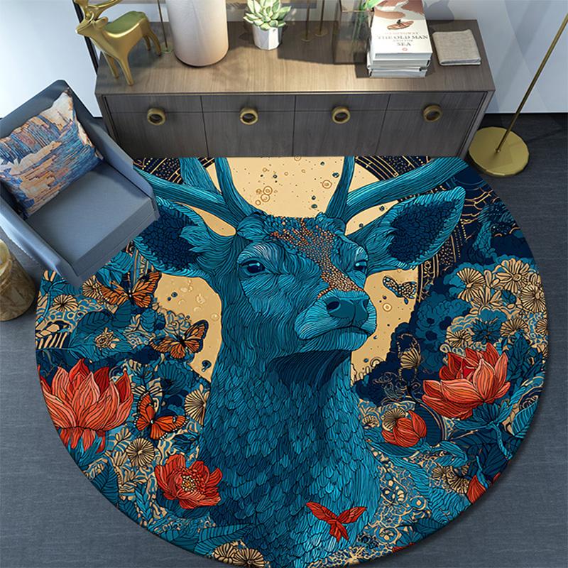 Deer Round Area Rug,Carpet Rug for Living Room Bedroom Sofa Playroom Decor,Non-slip Floor Mat