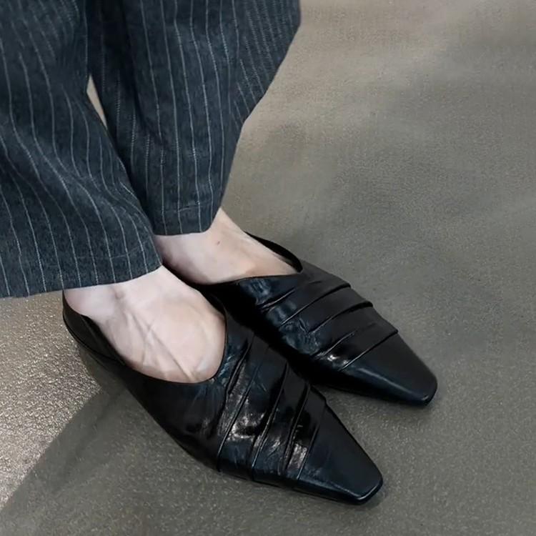 Sheepskin version~ New design wrinkled leather small square head single shoes one pedal commuting wear flat-soled small leather shoes