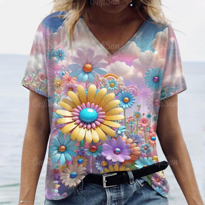2025 Women T shirt Summer 3D Floral T-Shirt Plus Size Women's Clothing Oversized Designer Short Sleeve Shirt Women V Neck Blouse