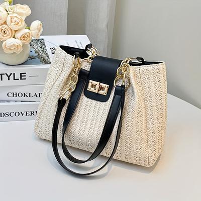 Elegante Damen Große Kapazität Gewebte Stoff Schultertasche,Kettenriemen Perfekt für Lässige Ausflüge Und Einkaufen, Gewebte Tote Bag
