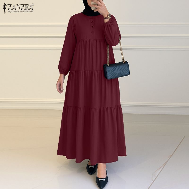 ZANZEA Women Casual Round Neck Solid Color Long Sleeve Long Dress