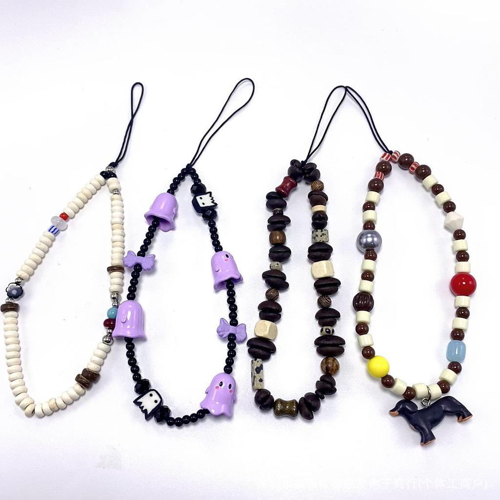 Ghostly Beaded Halloween Phone Charm with Bell Skull and Anti-Lost Pendant
