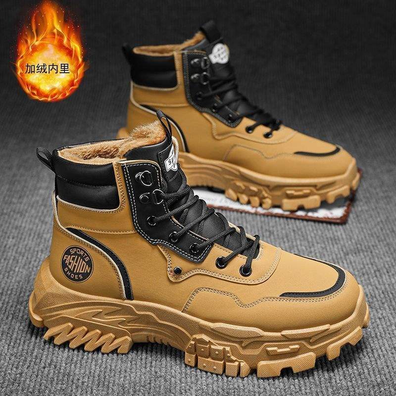 Winter men's shoes velvet warm Martin boots men's British style big yellow boots fashion versatile heightening thick-soled tooling boots