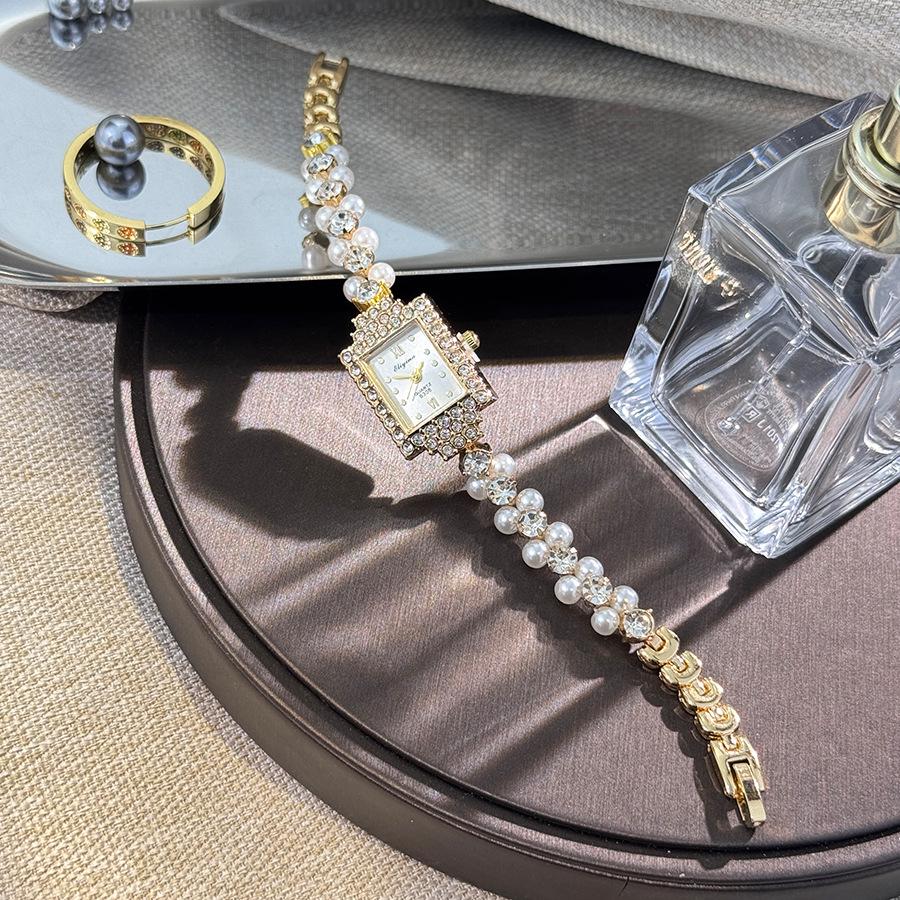 Ceas de modă cu cadran cu diamante pentru femei, cu brățară cu imitație de perle pe două rânduri, ceasuri de mână, ceas pentru fete, reloj mujer