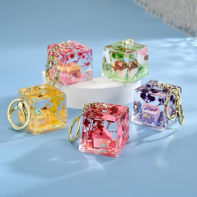 Sand Art Keychain with Miniature Fairy Tale Scene Mini Clear Cube Backpack Charm for Bags