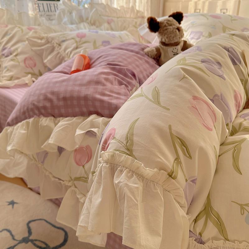 Cotton Floral Print Bedding Set Princess Style Lace Duvet Cover Sheet Pillowcase