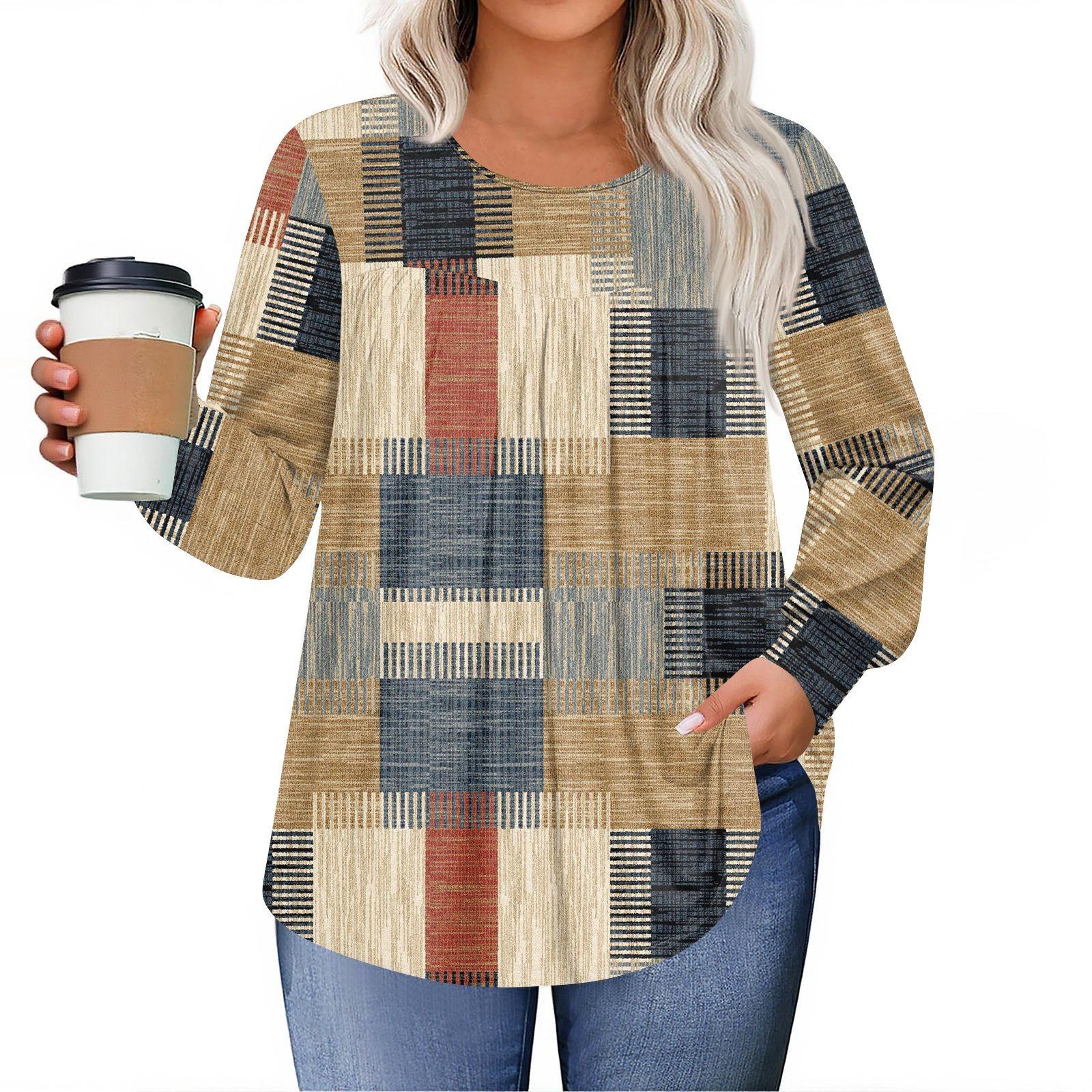 

Женские топы больших размеров, рубашки с длинным рукавом, туника с круглым вырезом, повседневная свободная блузка L-5X L хаки