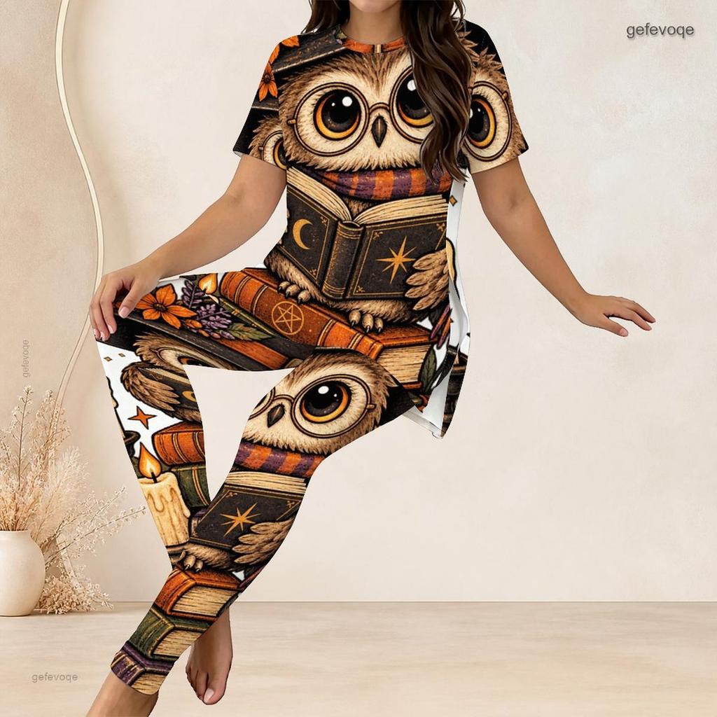 Women Plus Size Two Piece Set Round Neck Short Sleeve Owl Printed Longline Top Fitted Long Pants