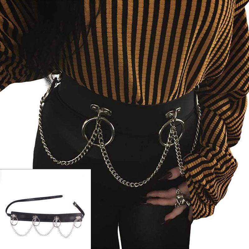 Gothic Waist Chain Alloy and PU Leather Body Chains with Rounded Circle Decor Body Straps Accessories for Women and Girl