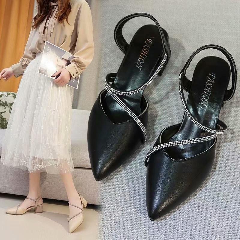 Fashion 2025 Summer New Slip-On Pointed Toe Rhinestone Sandals Women's Casual Fashion Comfortable High Heels Sandalias Mujer