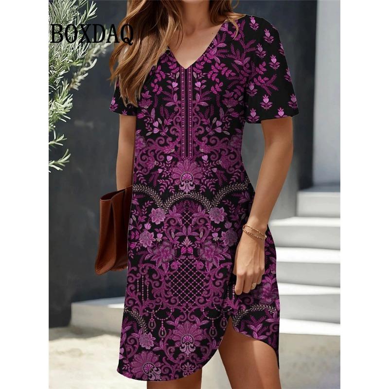 Summer Vintage Flowers 3D Print Women's Dresses Short Sleeve Dress Retro Casual V-Neck Pullover Loose Plus Size Clothes
