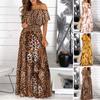 Bandeau Ruffle Trim Stitching Large Hem Long Dress Sexy Off Shoulder Leopard Butterflies Print Long Dress Ladies Clothing