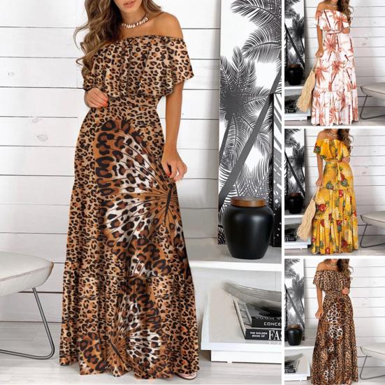 Bandeau Ruffle Trim Stitching Large Hem Long Dress Sexy Off Shoulder Leopard Butterflies Print Long Dress Ladies Clothing