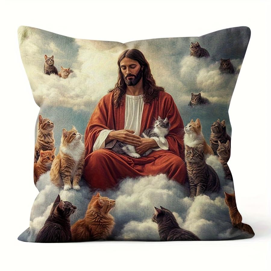 1Pc Jesus And Cats Pillow Cover, 2D Double-Sided Polyester Cushion Case, Religious Cat Lover Decor Pillowcase, Gift For Christia