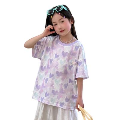 Girls' Sweet Heart Print Short-Sleeve T-Shirt