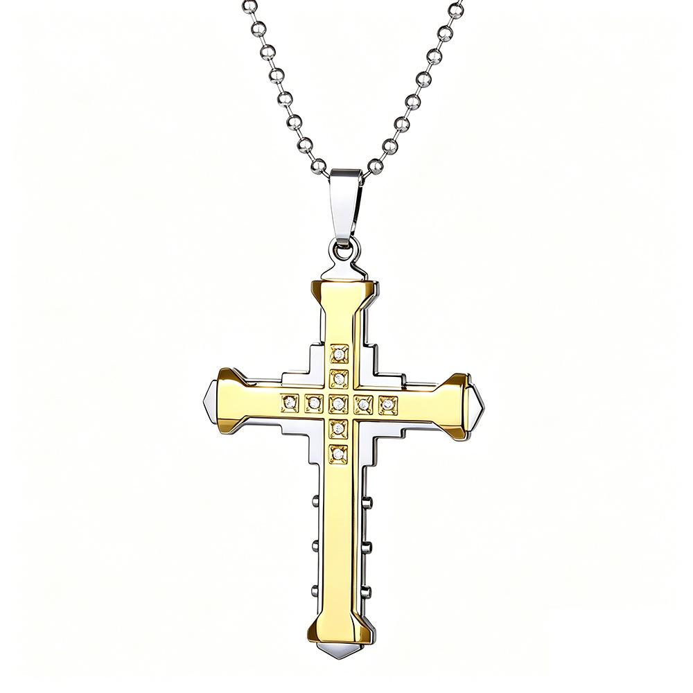 Men's Multi-layer Three-color Diamond Inlaid Cross Necklace