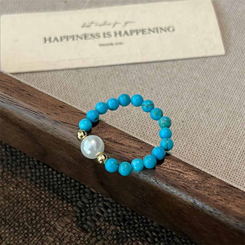 Натуральная зеленая бирюза Пресноводный жемчуг Нить Жемчужное кольцо. Ручное изготовление Эластичная веревка Открытое регулируемое кольцо. Model B