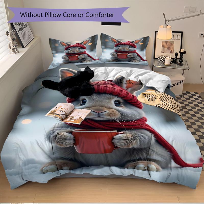 

3 шт. Аниме Зайчик Зимняя Страна Чудес Комплект Постельного Белья - Включает Один Пододеяльник и Две Наволочки (Нет ядра) - Праздничный подарок для декора спальни - П 135x200cm