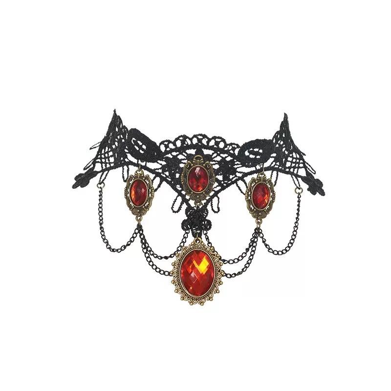 Halloween Dark Scarlet Zircon Lace Tassel Necklace, Vintage Spicy Girl Atmosphere Clavicle Chain