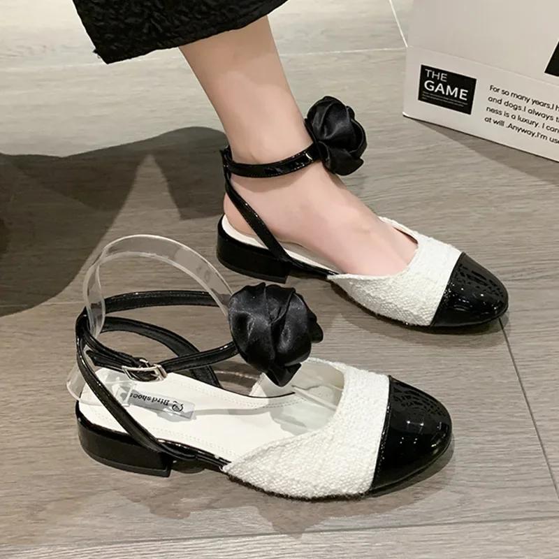 Fashion 2024 Spring and Summer fashion New Baotou Sandals Women's Color blocked Light Mouth Flower Hollow Single Shoes