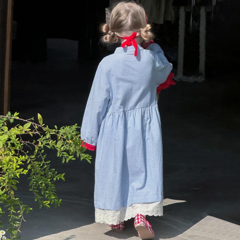 2025 Spring Korean Retro Plaid Knee-Length Dress with Buttons for Girls