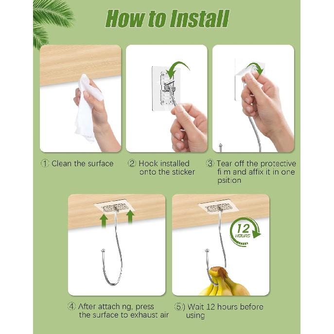 Self Adhesive Banana Hook Under Cabinet Foldable, 2 Pack Heavy Duty Metal Holder(13lb), Clear Banana Hanger Traceless, Keep Bananas Fresh & Kitchen