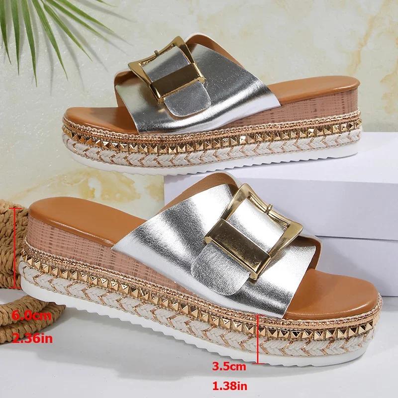 Fashion Metal Buckle Design Slippers for Women 2025 Summer Platform Thick Bottom Sandals Plus Size Woman Open Toe Wedges Slides Shoes
