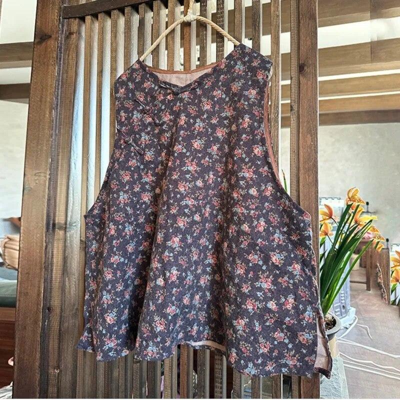 Johnature Frauen Vintage Print Floral Tank Tops O-Ausschnitt chinesischen Stil Kleidung Sommer lose Knopf Frauen Tank