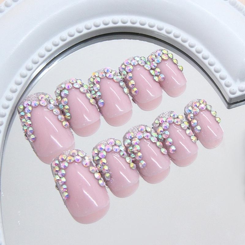24 Stück Französische Spitze Press-On Nägel Strasssteine Falsche Nägel Quadratisch Acryl Nägel Elegant Vollabdeckung Aufkleber Nägel für Frau