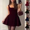 Square Neck Sleeveless Velvet Mini Dress Slim Fit A Line Flared Skirt Solid Spaghetti Strap Dress For Dating Wedding Cocktail Party Fall Formal Wear