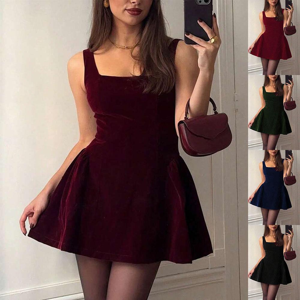 Square Neck Sleeveless Velvet Mini Dress Slim Fit A Line Flared Skirt Solid Spaghetti Strap Dress For Dating Wedding Cocktail Party Fall Formal Wear