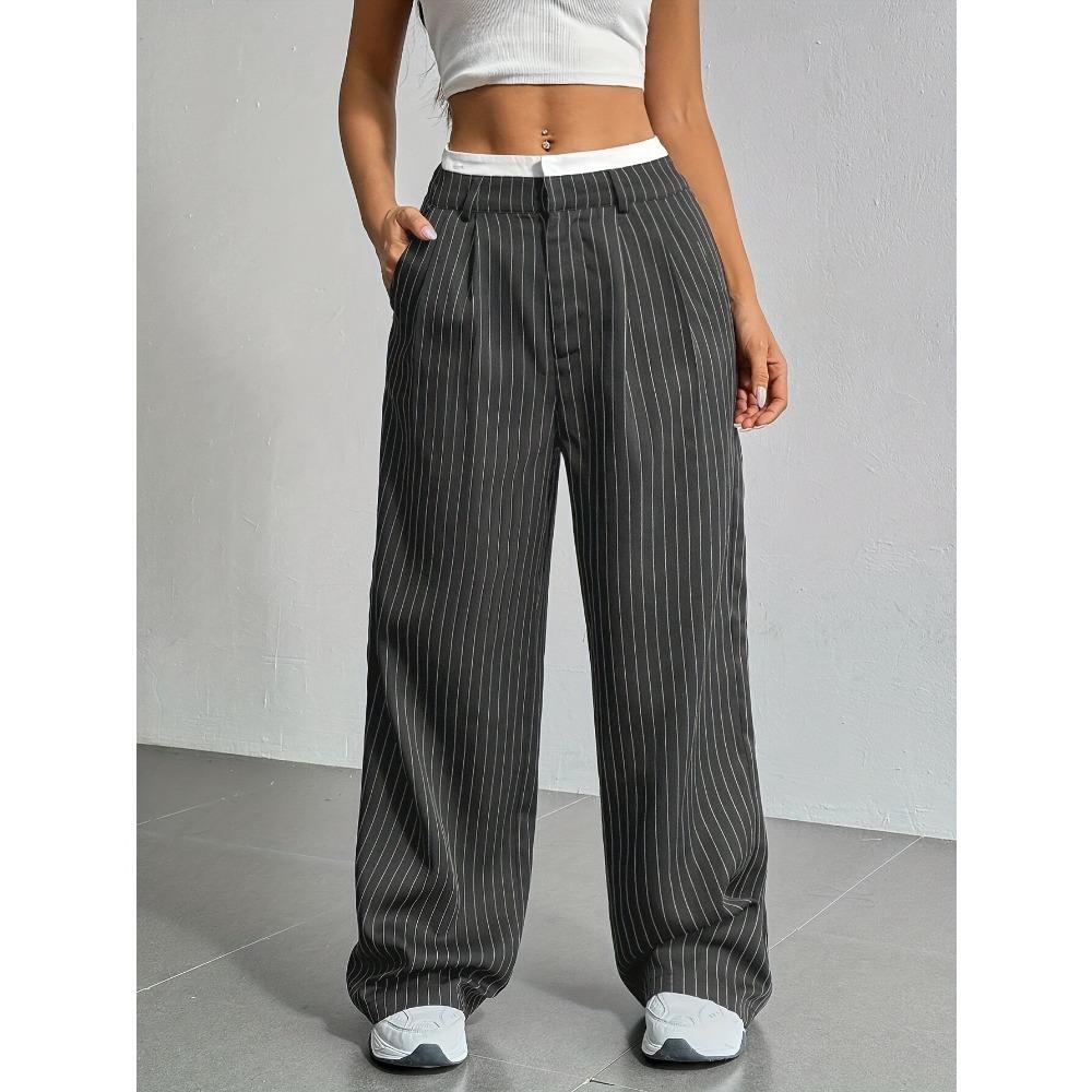 Women's Trousers Japanese and Korean Casual High Waist Color Matching Simple Drape Striped Straight Trousers Wide Legs