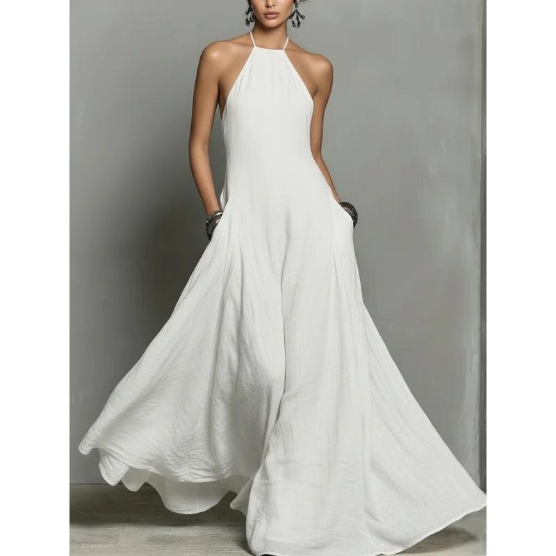 Summer New Style Elegant Backless Sleeveless Long Dress for Women S белый