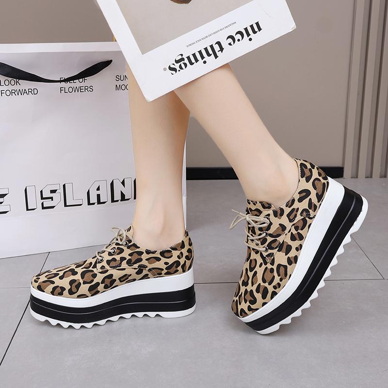 fashion Women's Round Toe Leopard Print Oxfords Lace Up Chunky Platform Casual Shoes Woman Thick Bottom Non Slip Trainers Plus Size 43
